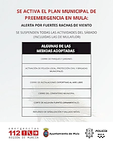 Mula activa el Plan Municipal de Preemergencia y suspende todas las actividades del sábado